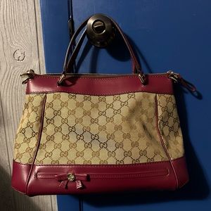 GUCCI GG Logo Burgundy/Beige Canvas Sholder Tote Bag w/Shoulder Strap